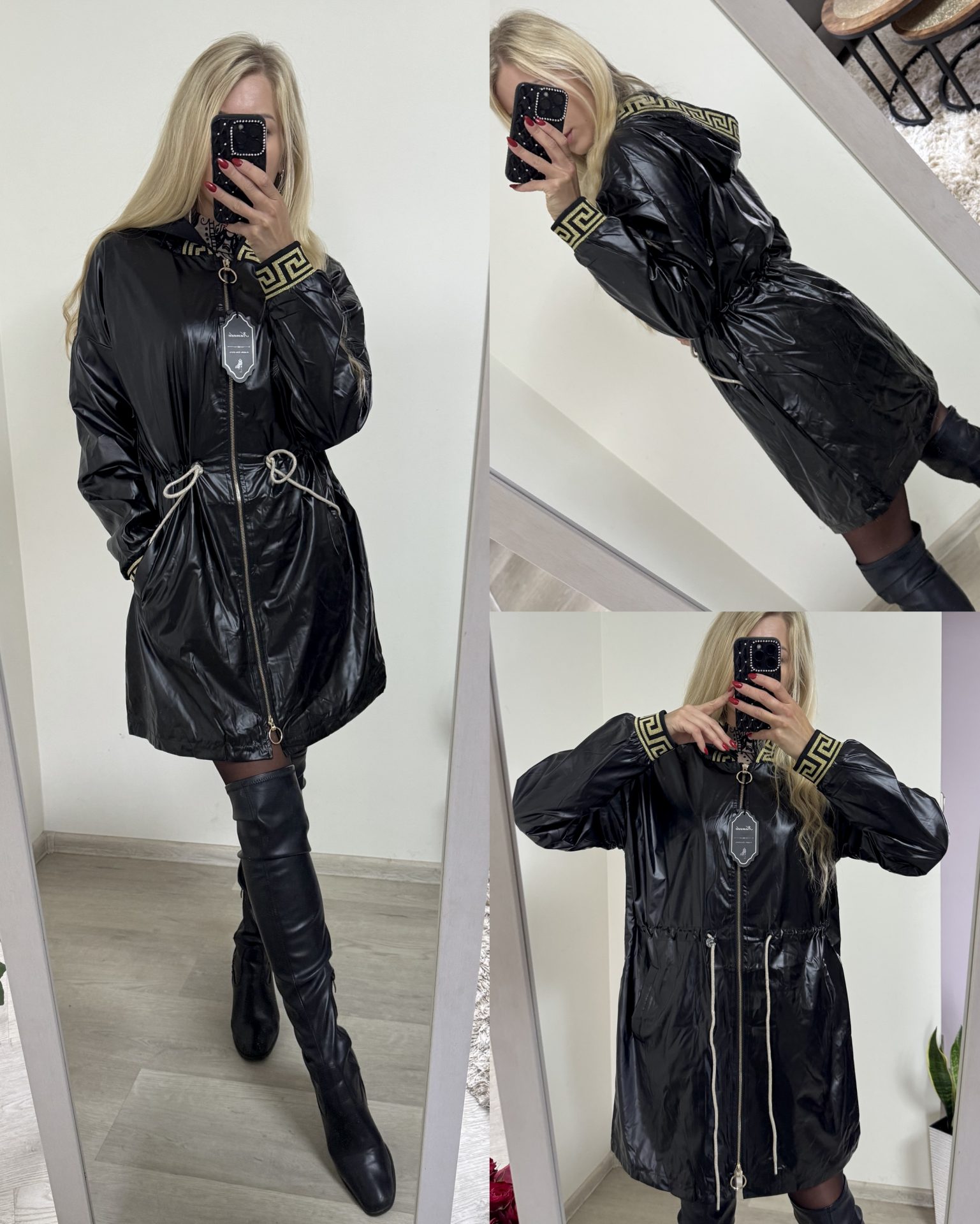 Stylowy czarny płaszczyk z kapturem