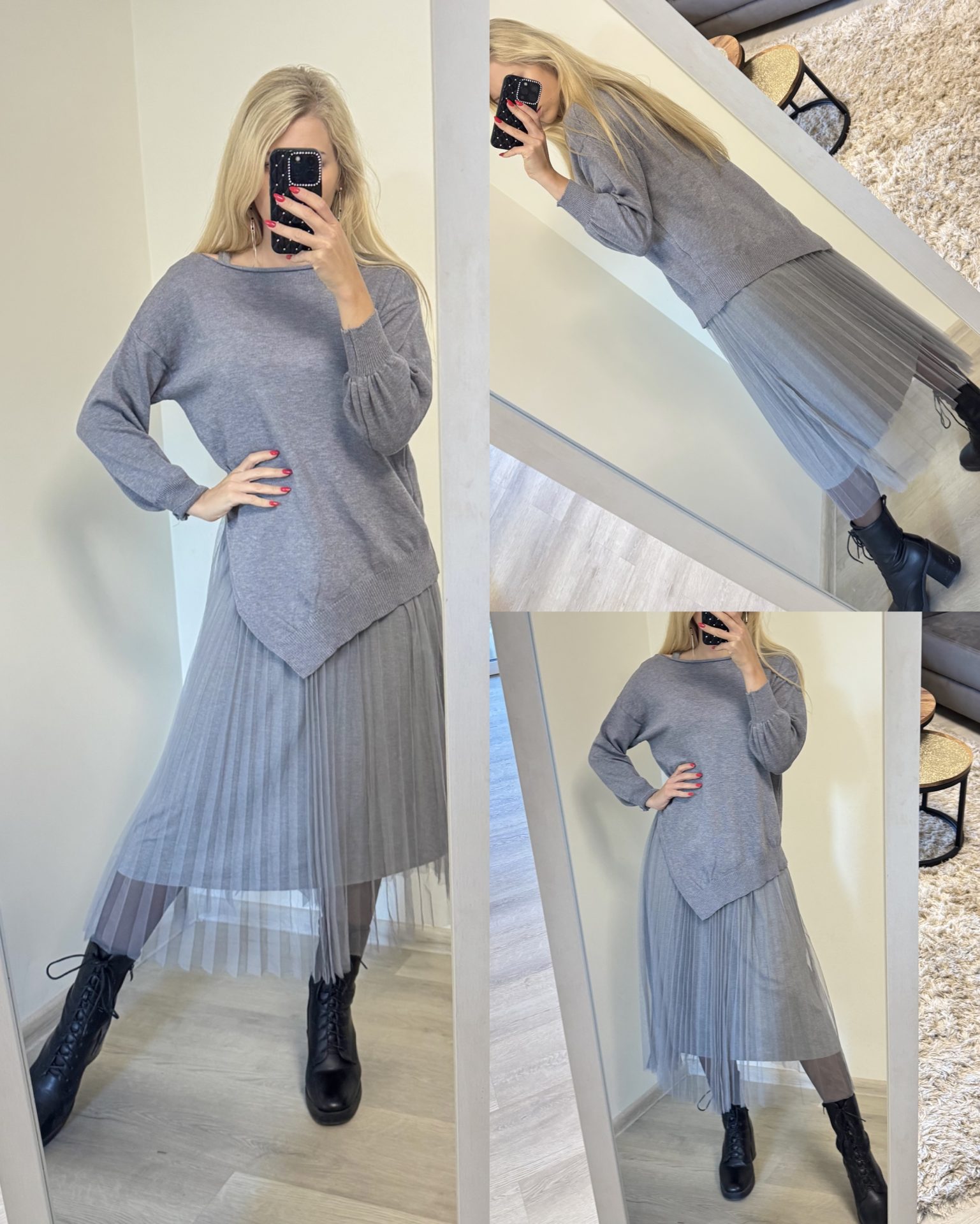 Sukienka z plisowanym dołem i swetrem - obrazek 4