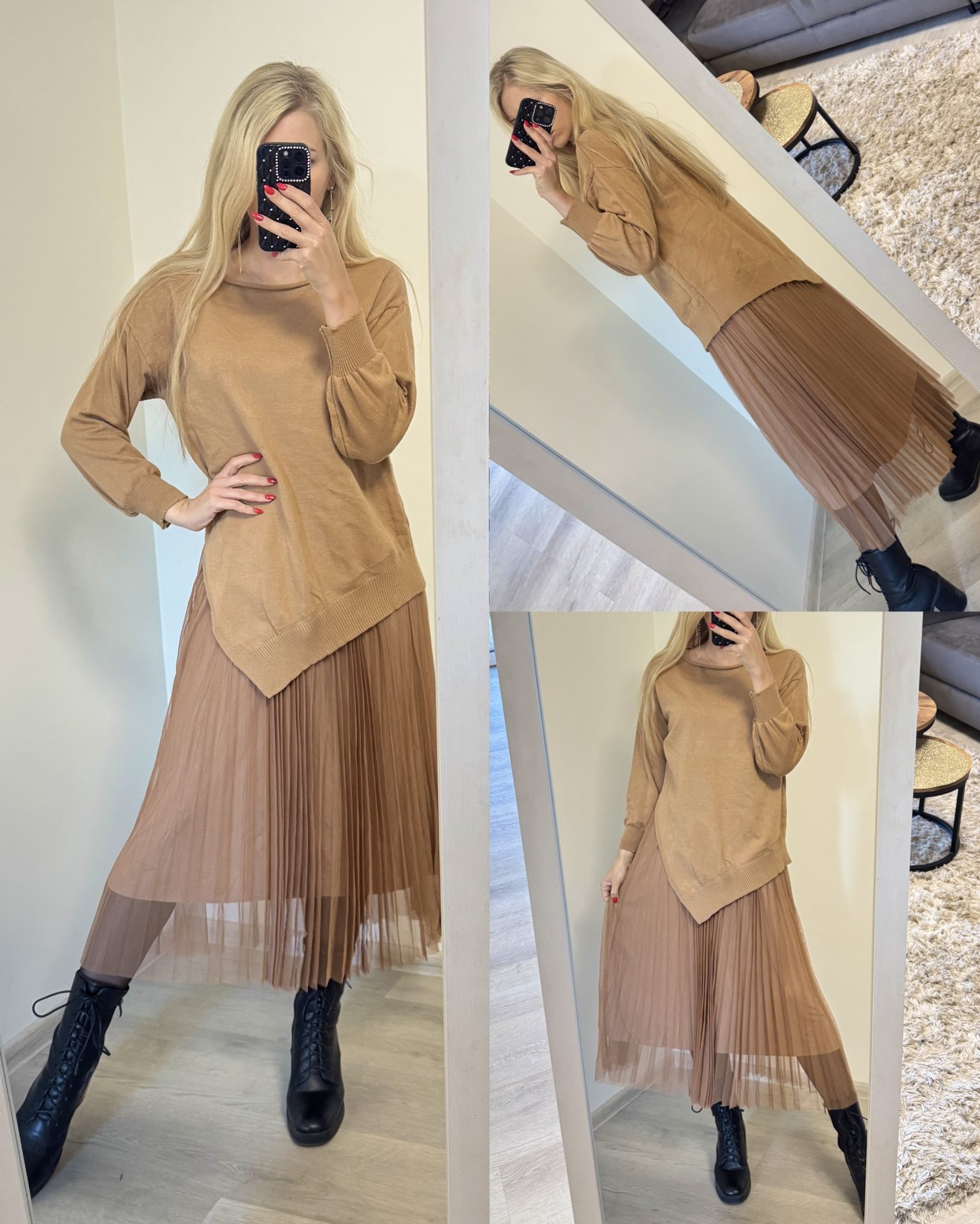 Sukienka z plisowanym dołem i swetrem - obrazek 2