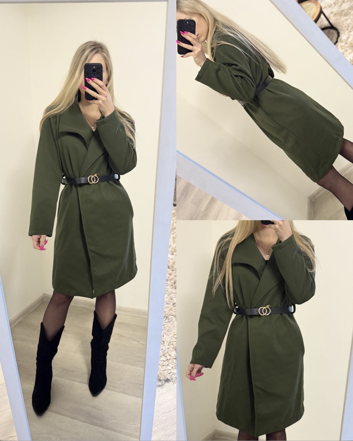 Płaszcz z czarnym ozdobnym paskiem - obrazek 4