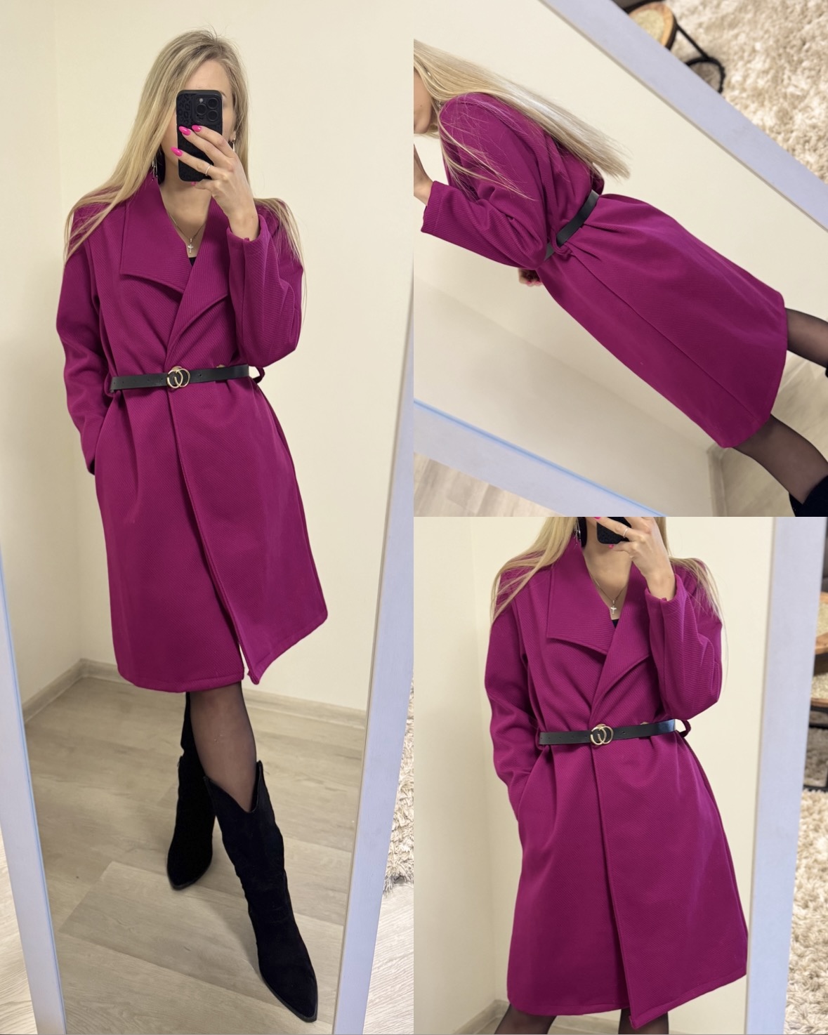 Płaszcz z czarnym ozdobnym paskiem