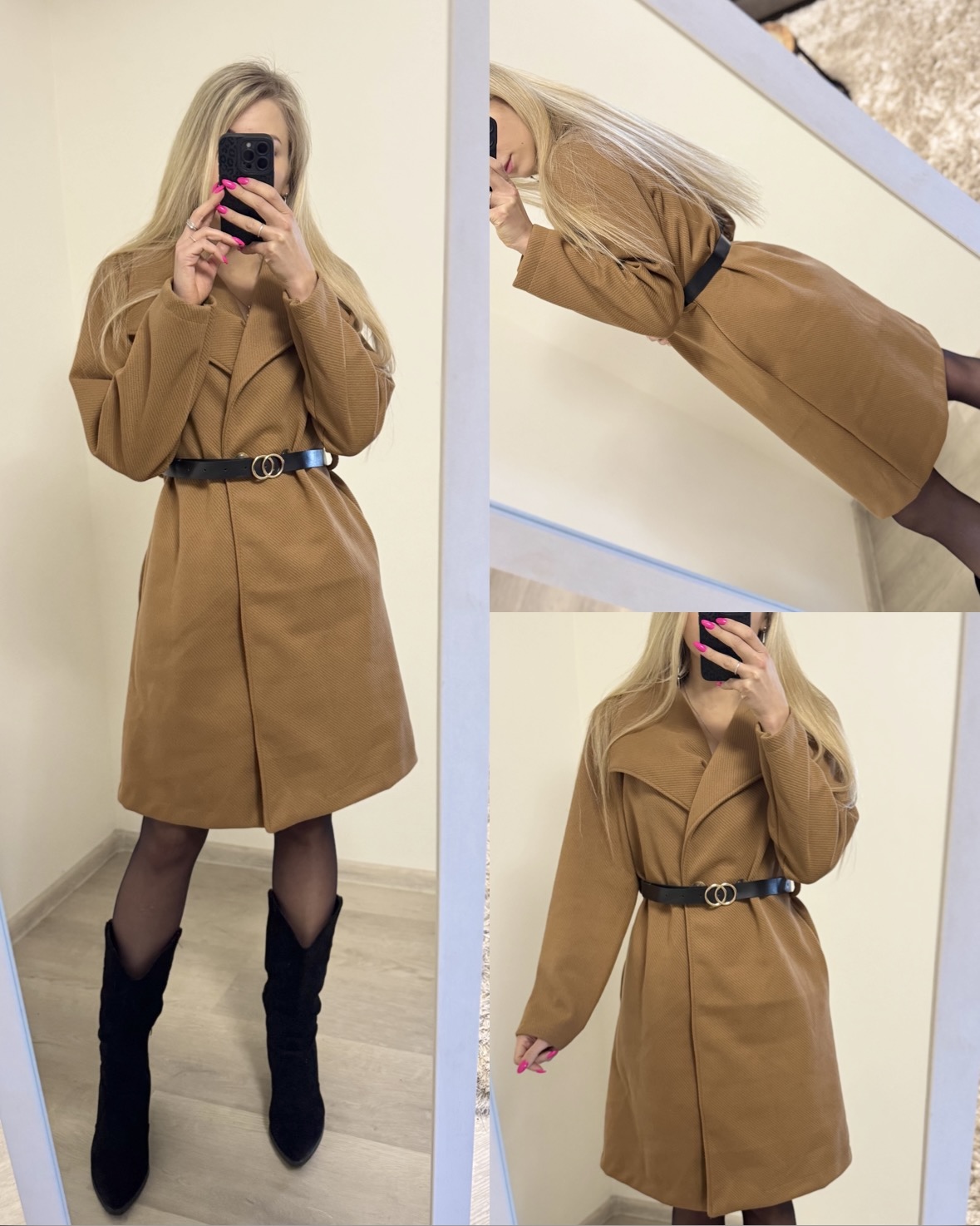 Płaszcz z czarnym ozdobnym paskiem - obrazek 3