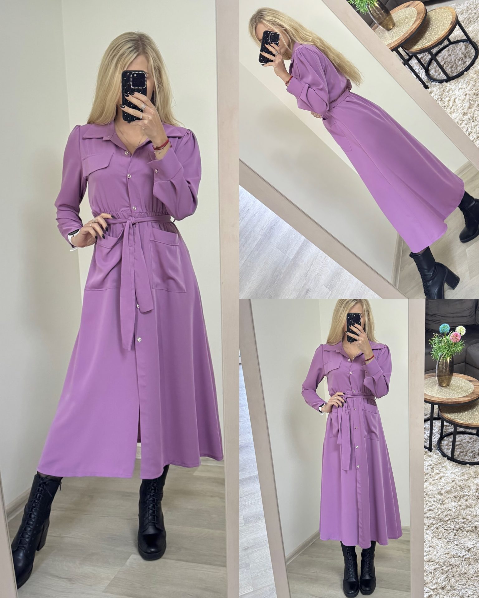 Sukienka koszulowa maxi z paskiem - obrazek 4